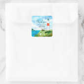 Bruiloft met strand- en vuurtorenthema vierkante sticker (Tas)