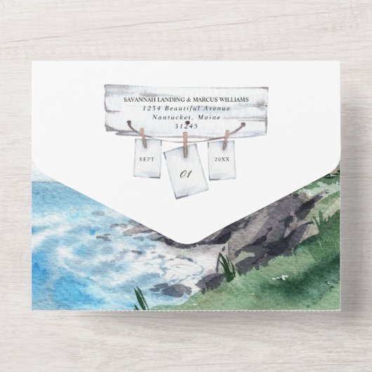 Bruiloft met zeilthema in vuurtorenbestemming all in one uitnodiging (Achterkant)