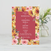 bruiloft met zonnebloemen en roze rozen kaart (Staand voorkant)