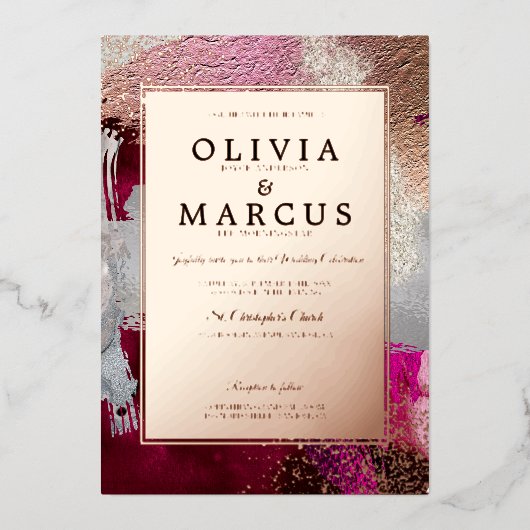 Bruiloft | Metallic Fuchsia Pearl Bruske Strokes Folie Uitnodiging (Voorkant)
