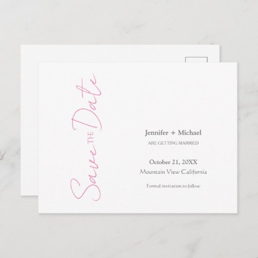 Bruiloft Minimalistische kalligrafie Roze Wit Aankondigingskaart (Voorkant / Achterkant)