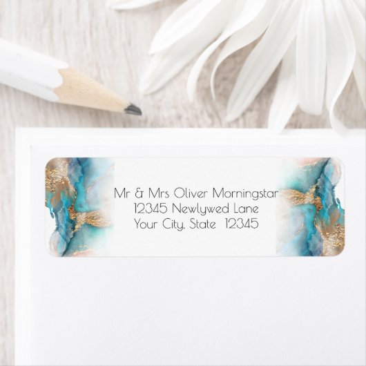 bruiloft | Modern Aqua en Gold Abstract Etiket (Insitu)