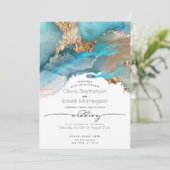 BRUILOFT | Modern Aqua en Gold Marked Ink Invita Kaart (Staand voorkant)