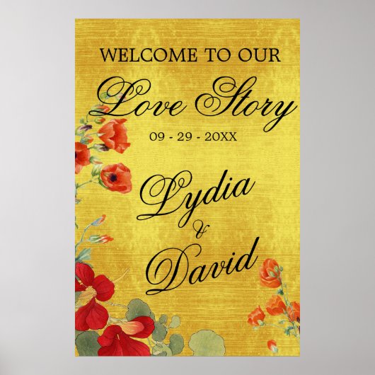 Bruiloft Modern Welkom Goud Elegant Bloemen Sinaas Poster (Voorkant)