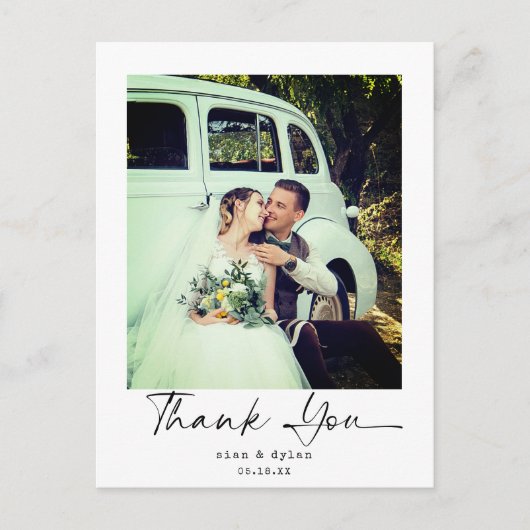 Bruiloft Moderne minimalistische script foto dank  Briefkaart (Voorkant)