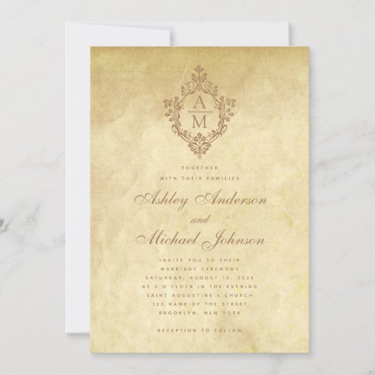 Bruiloft Monogram  Crest Antiek Perkament Kaart (Voorkant)