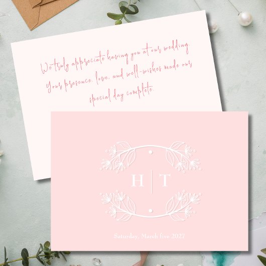 Bruiloft Monogram Crest roze blush dank u kaart
