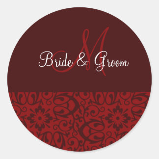 Bruiloft monogram in donkerrood ronde sticker