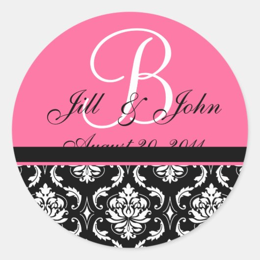 Bruiloft Monogram Initiaal Namen Roze Damast Seal Ronde Sticker (Voorkant)