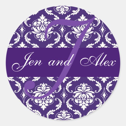 Bruiloft Monogram J Paarse Damask Favor Sticker (Voorkant)