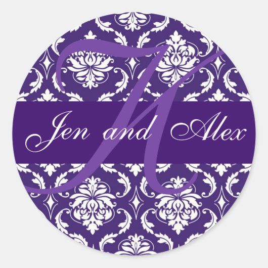 Bruiloft Monogram K Paarse Damask Favor Sticker (Voorkant)