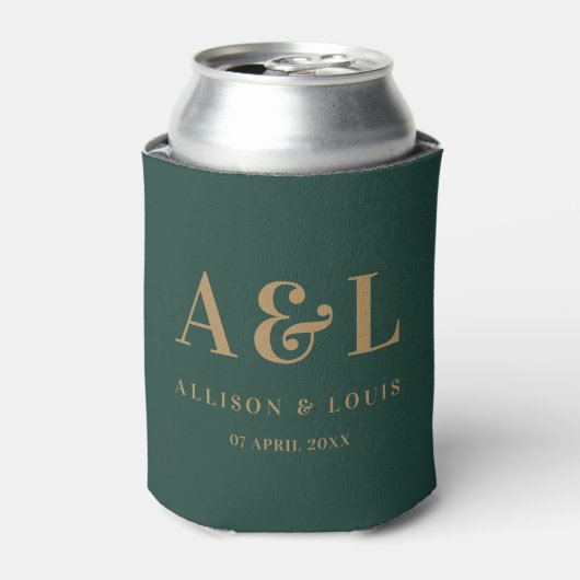 Bruiloft Monogram Minimalist Emerald Groen Goud Blikjeskoeler (Blikje Voorkant)