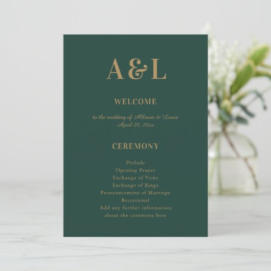 Bruiloft Monogram Minimalist Emerald Groen Goud Programma (Staand voorkant)