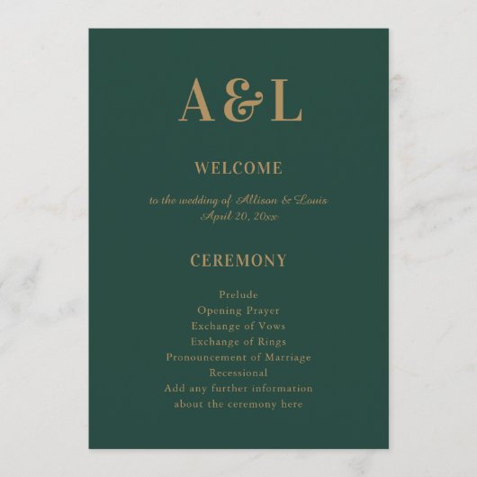 Bruiloft Monogram Minimalist Emerald Groen Goud Programma (Voorkant)