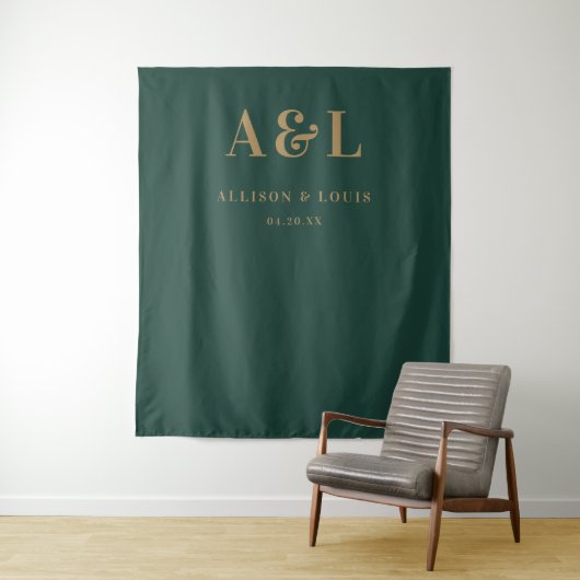 Bruiloft Monogram Minimalist Emerald Groen Goud Wandkleed (In situ)