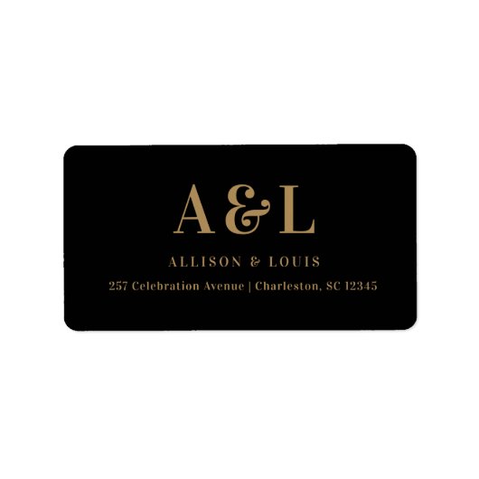 Bruiloft Monogram Minimalist Zwart Goud Etiket (Voorkant)
