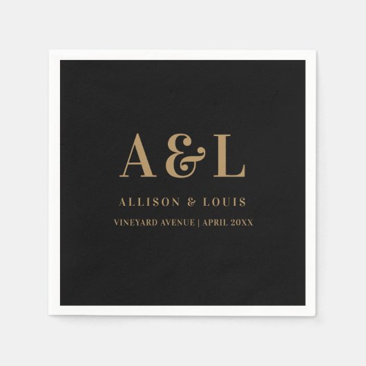 Bruiloft Monogram Minimalist Zwart Goud Servet (Voorkant)