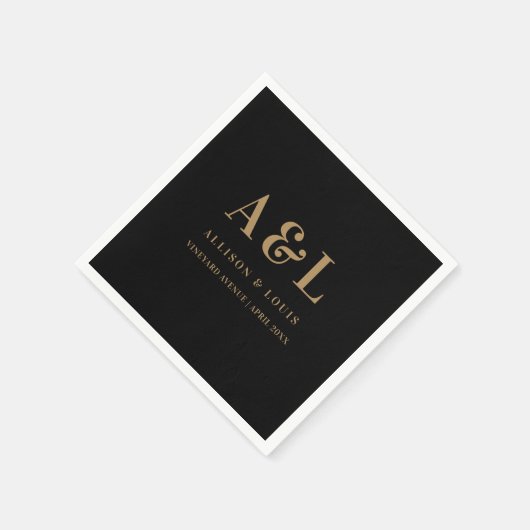 Bruiloft Monogram Minimalist Zwart Goud Servet (Hoek)