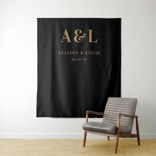 Bruiloft Monogram Minimalist Zwart Goud Wandkleed