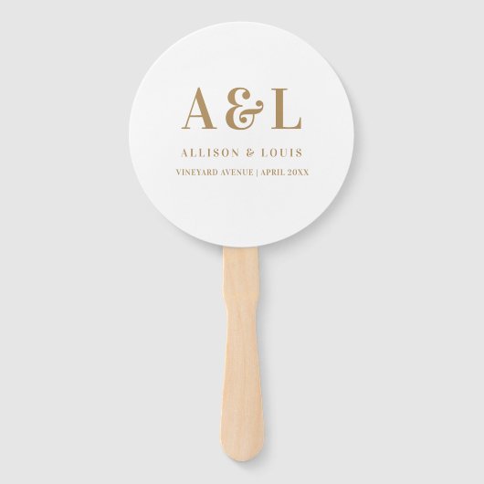 Bruiloft Monogram Minimalistisch Wit Goud Handwaaier (Voorkant)