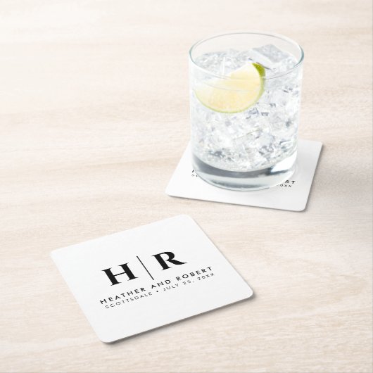 Bruiloft Monogram Moderne Custom Bruid en bruidego Vierkante Kartonnen Onderzetter (Insitu)