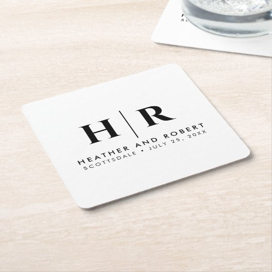 Bruiloft Monogram Moderne Custom Bruid en bruidego Vierkante Kartonnen Onderzetter (Schuin)