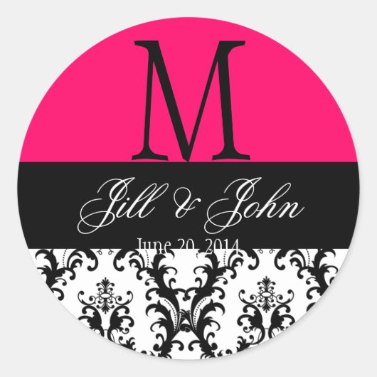 Bruiloft Monogram Namen Damask Hot Pink Seal Ronde Sticker (Voorkant)