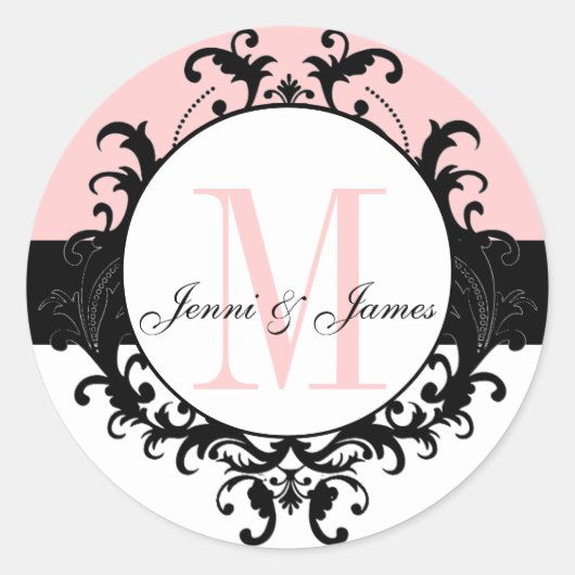 Bruiloft Monogram Namen Damask Roze Wit Label (Voorkant)