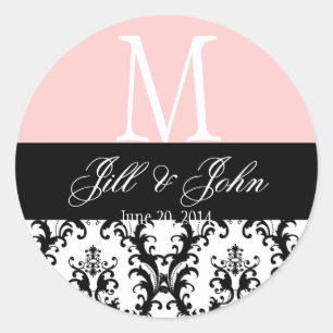Bruiloft Monogram Namen Datum Damast Roze Seal Ronde Sticker