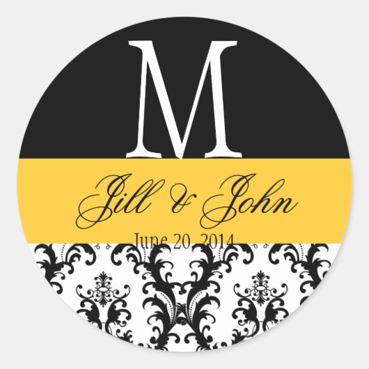 Bruiloft Monogram Namen Datum Damast Zwart Geel Ronde Sticker (Voorkant)
