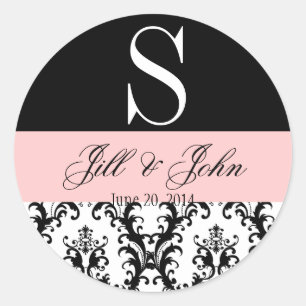 Bruiloft Monogram Namen Datum Damast Zwart Roze Ronde Sticker