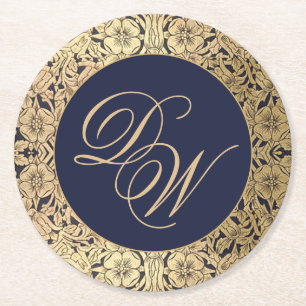 Bruiloft Monogram Navy Blauw Goud  Elegant Ronde Kartonnen Onderzetter