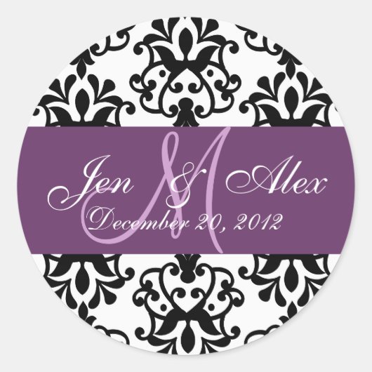 Bruiloft Monogram Opslaan Datum Damast Seal Ronde Sticker (Voorkant)