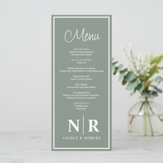 Bruiloft monogram receptie of Verloving diner Menu (Staand voorkant)