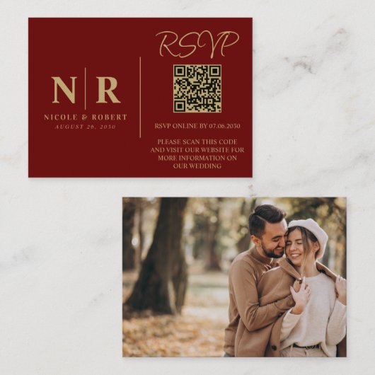 Bruiloft Monogram RSVP QR Code Foto Elegant Informatiekaartje (Voorkant / Achterkant)