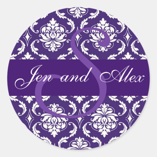 Bruiloft Monogram S Paarse Damask Favor Sticker (Voorkant)