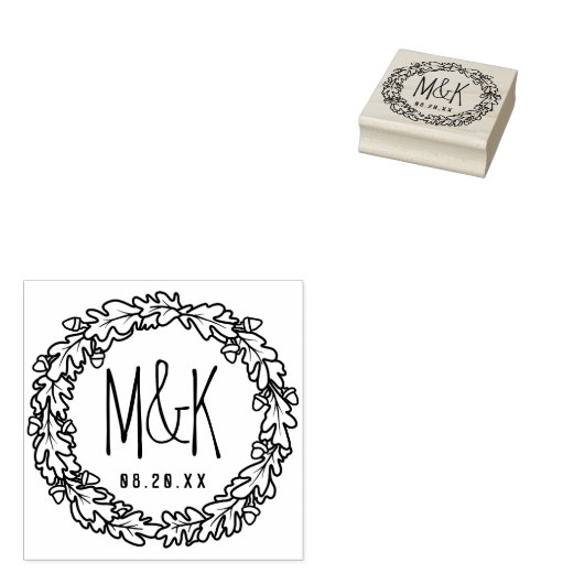 Bruiloft Monogram Save the Date | Eiken eikenkrans Rubberstempel (Gestempeld)
