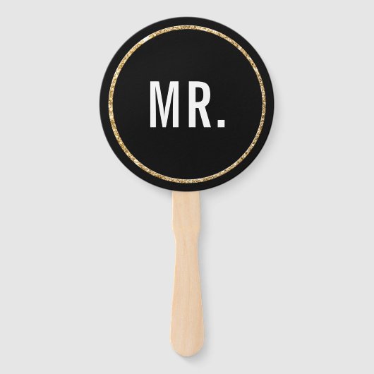 BRUILOFT MR EN MRS modern zwart wit goud Handwaaier (Voorkant)