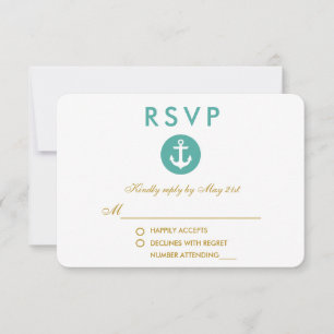 Bruiloft Nautisch Anker Blauwgroen RSVP Gold Kaartje