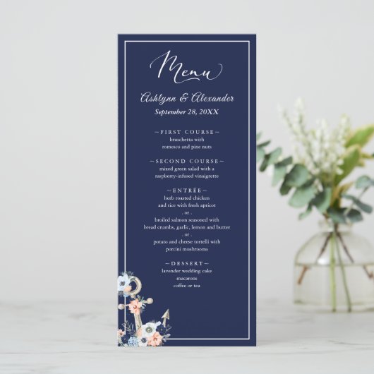 Bruiloft Nautisch Anker Marine Blauw Peach Menu (Staand voorkant)