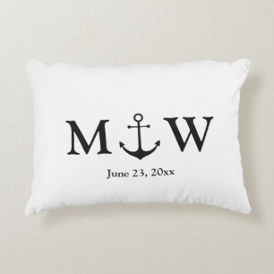 Bruiloft nautische anker zwart-wit monogram accent kussen