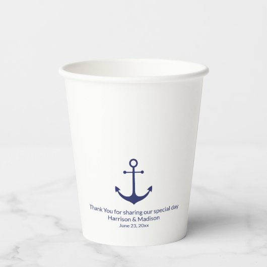 Bruiloft nautische marine blauw wit anker monogram papieren bekers (Achterkant)