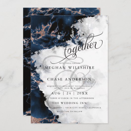 BRUILOFT | Navy Blue 2 Roos Gold Geode Waterverf (Voorkant / Achterkant)