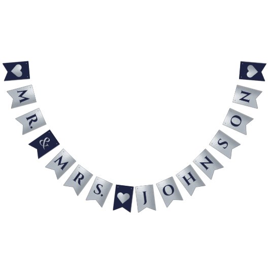 Bruiloft Navy Blue Faux Silver Hearts Mr. en Mrs. Vlaggetjes (Alle)