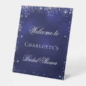 Bruiloft navyblauw zilveren glitters welkom reclamebord met voetstuk (Voorkant)