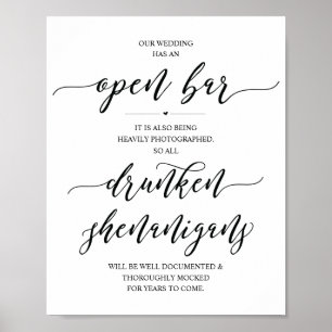 Bruiloft Open Bar, dronken streken bord Poster