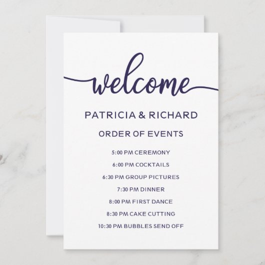 Bruiloft Orde van Evenementen Chique Marine Blauw  Kaart (Voorkant)