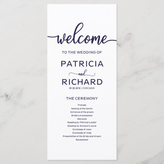 Bruiloft Orde van Service Programma Chic Navy Blue (Voorkant)