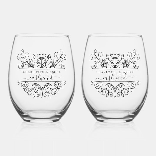 Bruiloft Paar Naam Logo Wijnglas Zonder Voet (Voorkant)
