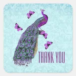 Bruiloft Paarse Peacock DANK U V01C3 Vierkante Sticker